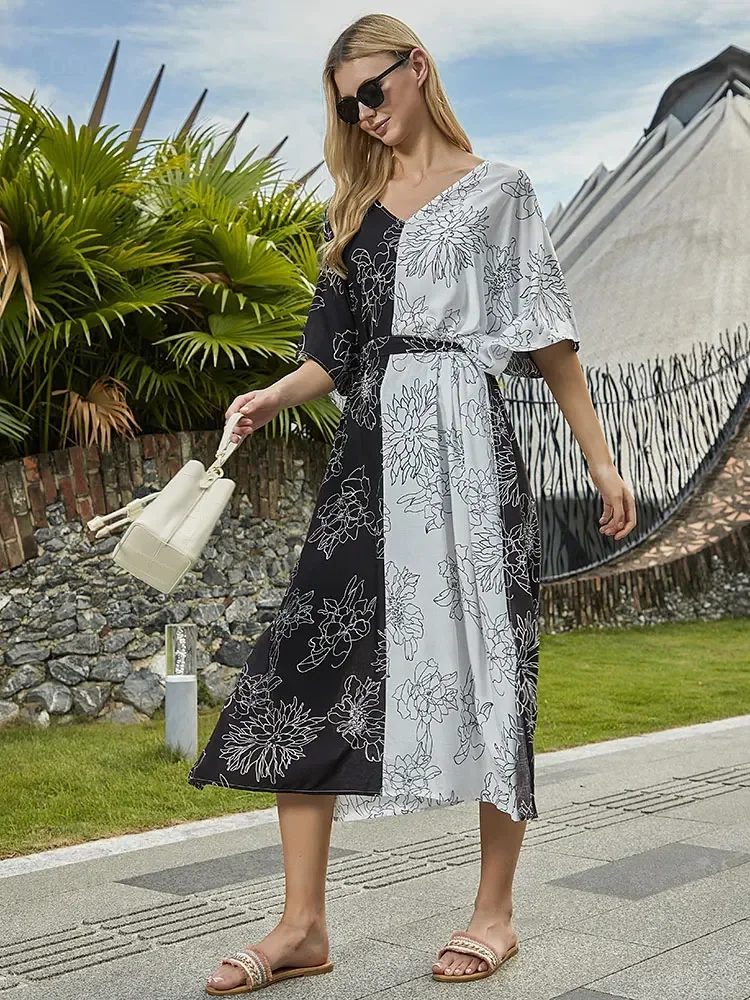 LORYLEI Casual Patchwork V-neck Half Sleeve Self Belted Midi Dress Summer 2024 Clothing Women Beach Dresses Robe Sarong Q1481