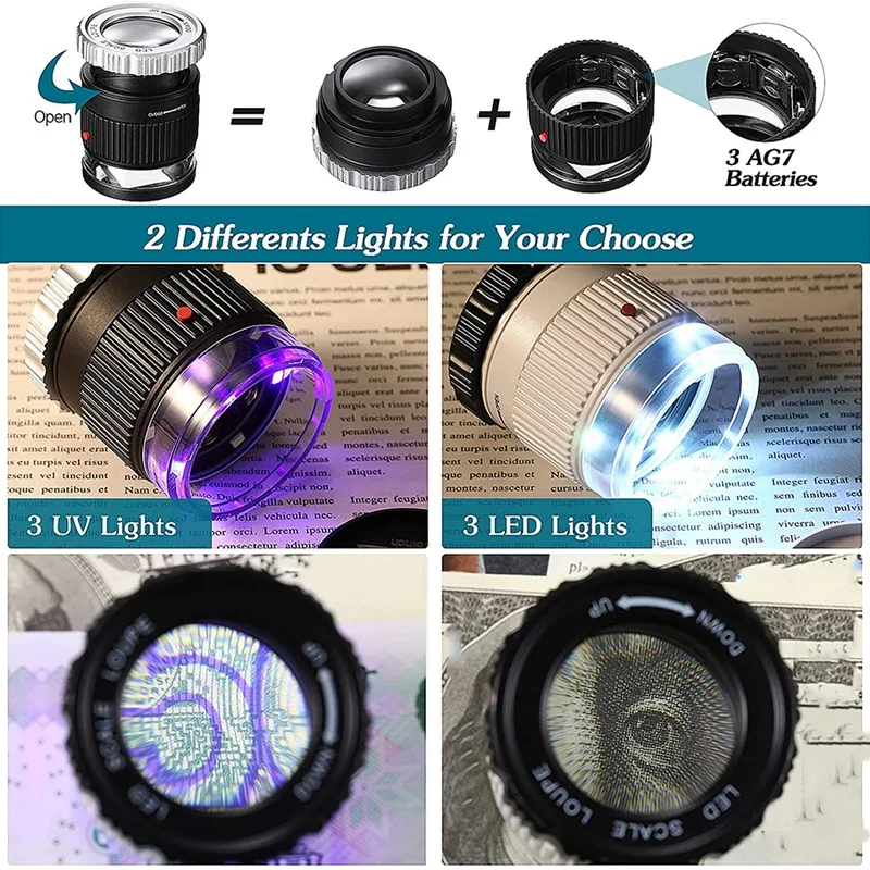 العدسة والمجوهرات مع 3 LED 3 ضوء الأشعة فوق البنفسجية عدسة زجاجية بصرية التكبير 30X المكبر لتحديد الطوابع العتيقة 2 قطعة