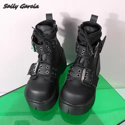 Genuine Leather Belt Buckle Strap Side Zipper Modren Boots 2024 New Fashion INS Punk Style Casual Shoes Round Toe Platform Shoes