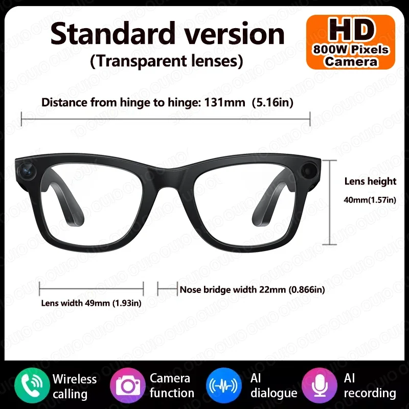 1080P HD 800W Camera Smart Glasses Video Record Translation AI Smart Touch Control Type-C Interface Smart Glasses Bluetooth Call