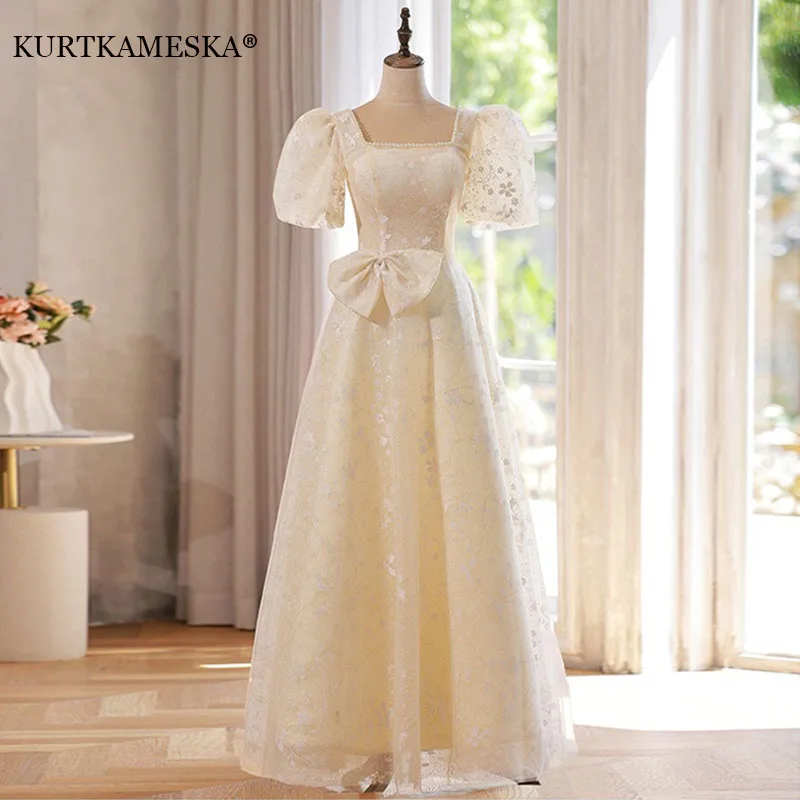 

Вечернее платье цвета шампанского с квадратным воротником и короткими рукавами, свадебные платья, корейская фотосессия, свадебные платья трапециевидной формы, бальное платье для женщин