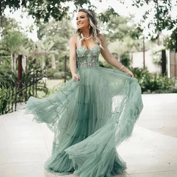 Lily Fabulous Sage Floral Appliqued Prom Dresses Sweetheart Pleat Tiered Evening Gowns A Line Floor Length Tulle Formal Dress