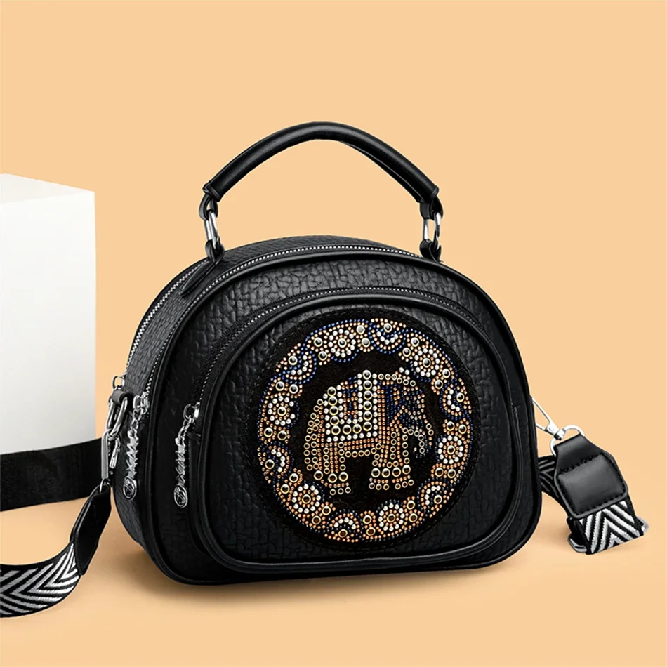 Luxury Elephant Pattern Designer Soft Leather Women Round Handbags Wide Strap Shoulder Crossbody Bag High Quality Women Handbag