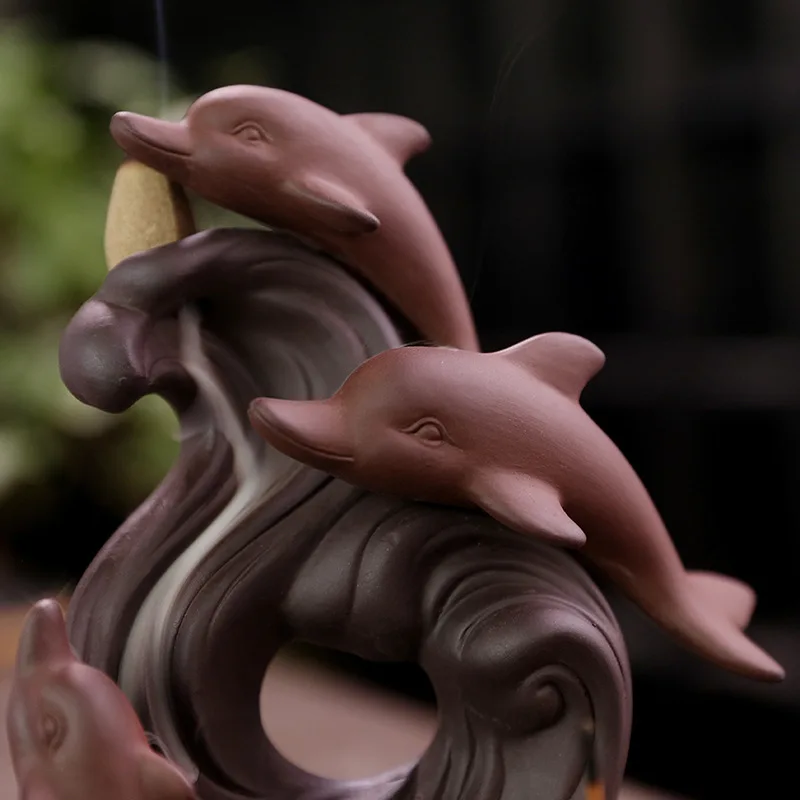 Purple Clay Flow Incense Burner Craft Gift Ornament Nordic Style Dolphin Backflow Incense Burner Original