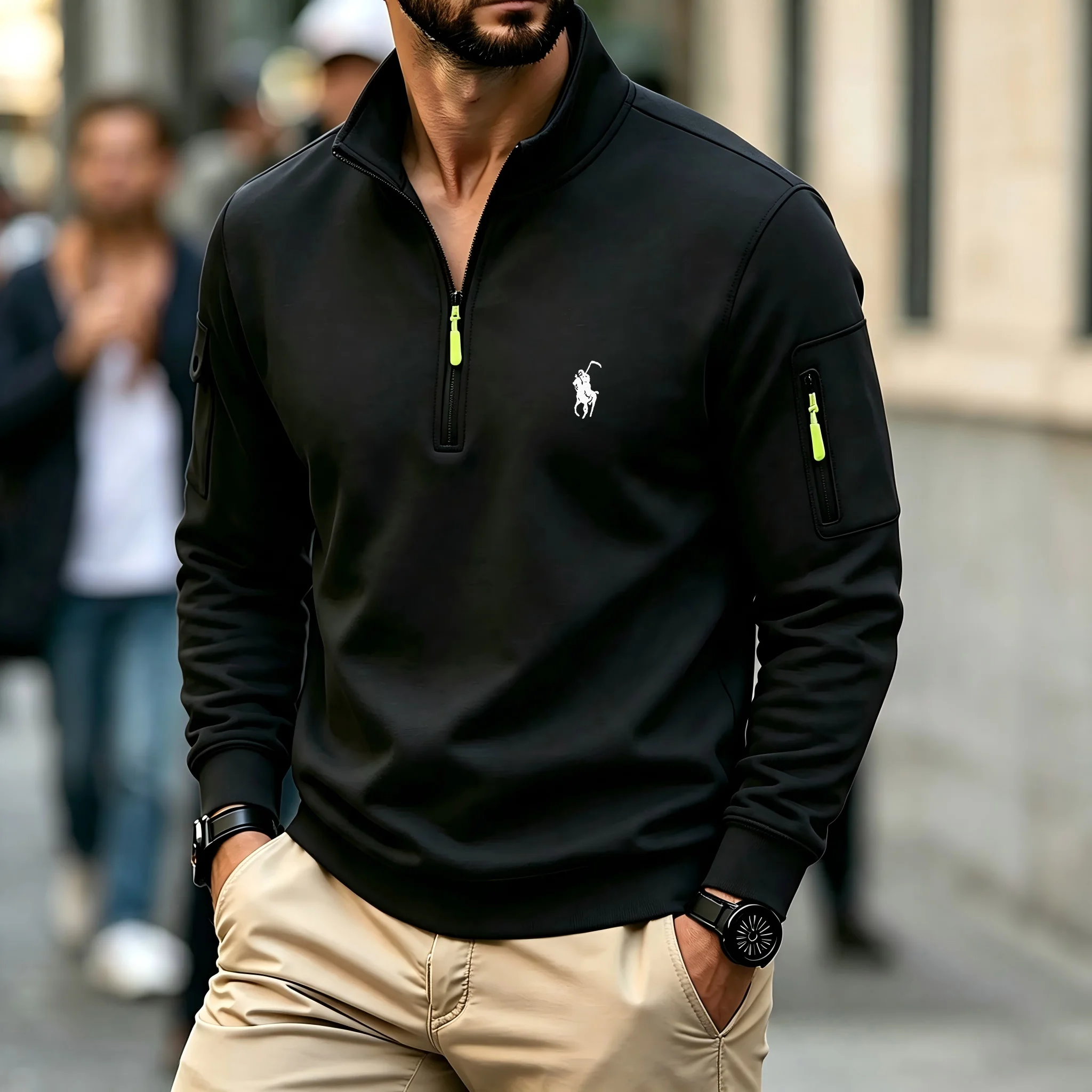 Men's Contrasting Half-Zip Stand-Up Collar Long-Sleeved Top with Retro Polo embroidery design Casual Pullover
