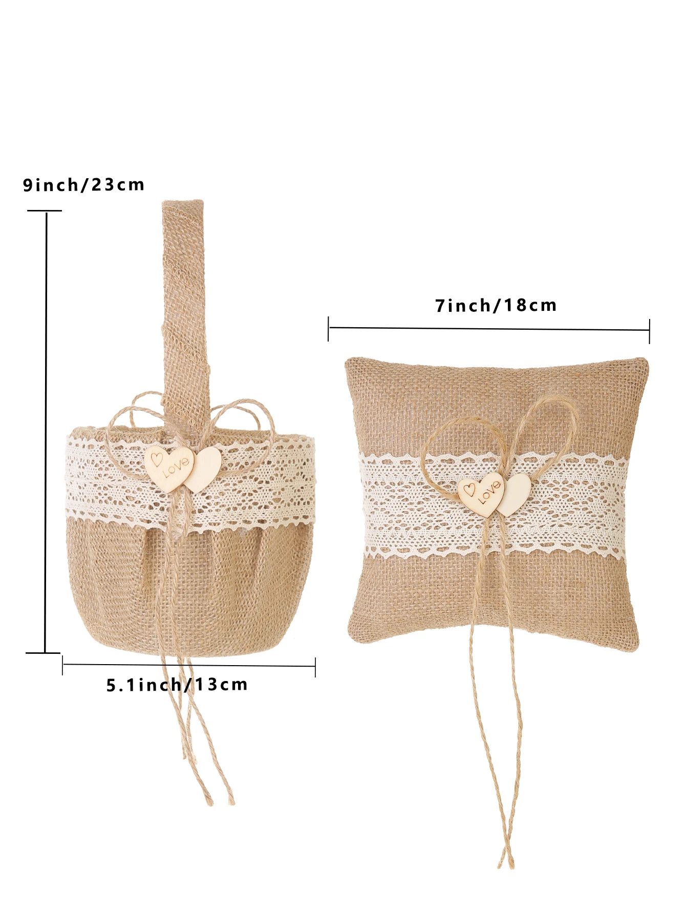 Rustic Burlap Flower Girl Basket Vintage Wedding Jute Basket Love Heart Bowknot Party Decoration Ring Pillow and Basket Set