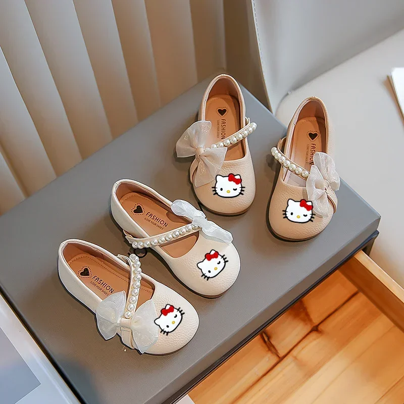 Sanrio hello kitty niñas zapatos de cuero primavera y otoño blanco nuevo perla niñas sandalias de bebé niños muestran zapatos de princesa