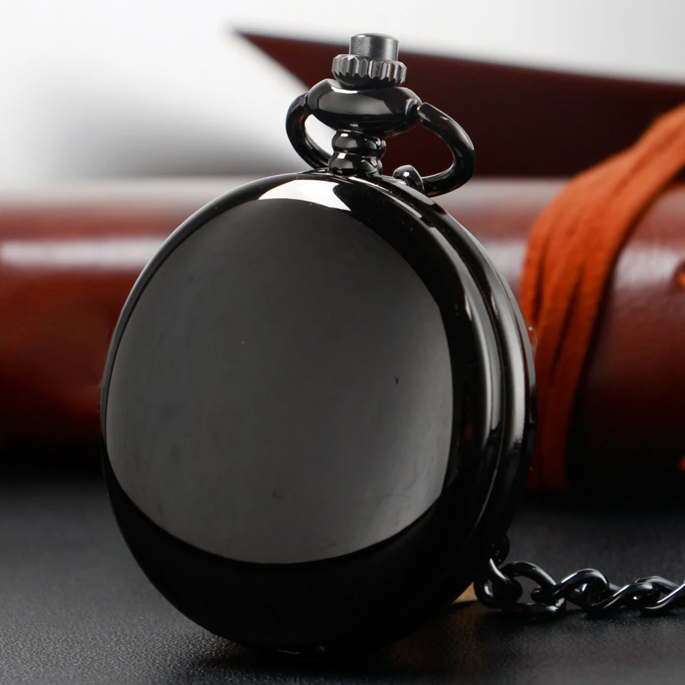 New Black Smooth Quartz Pocket Watch Fob Chain Men Women Fashion Steampunk Roman Numerals Gift