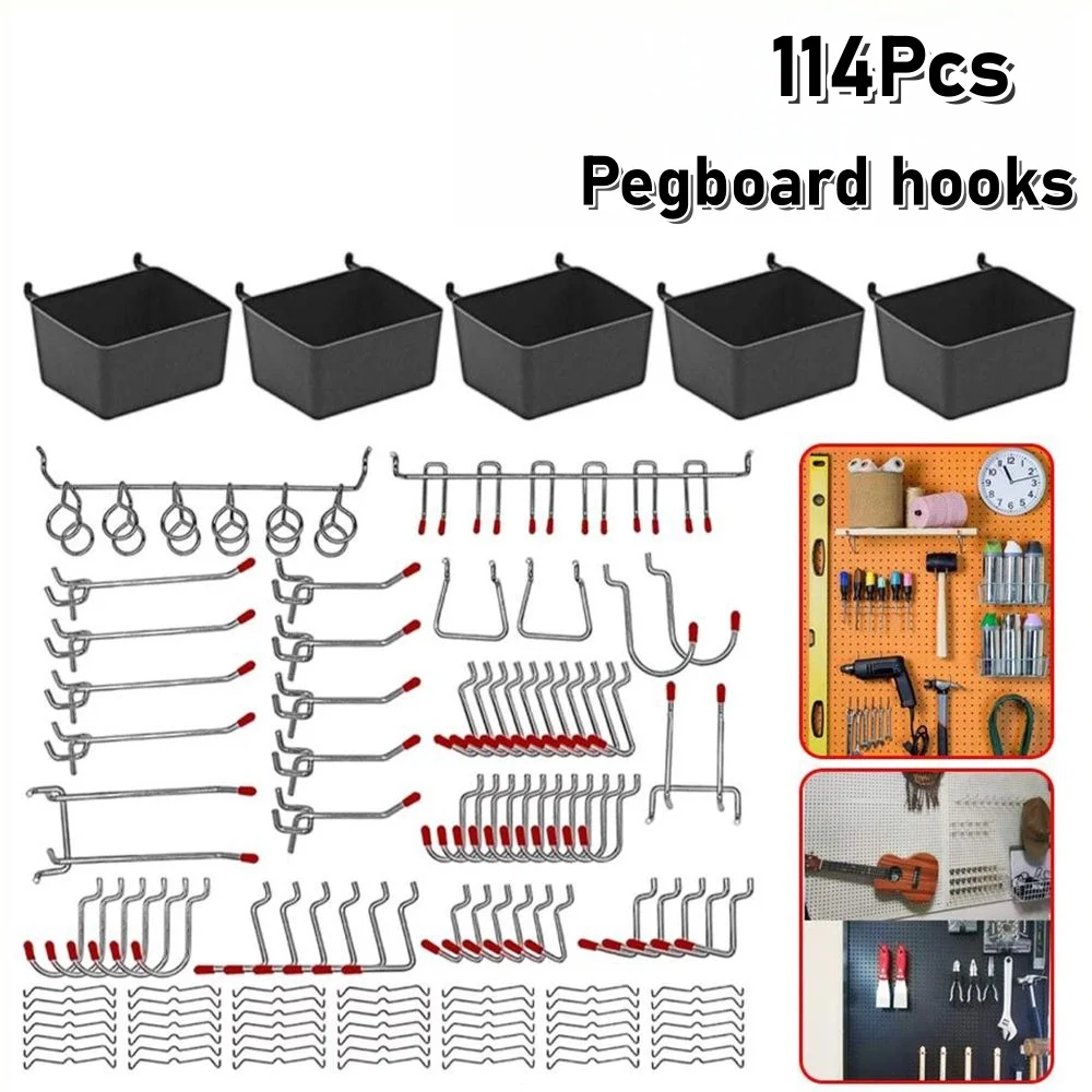114 Pcs Pegboard Hooks Assortment with Metal Hooks Sets, Pegboard Bins, Peg Locks for Organizing Storage System Tools