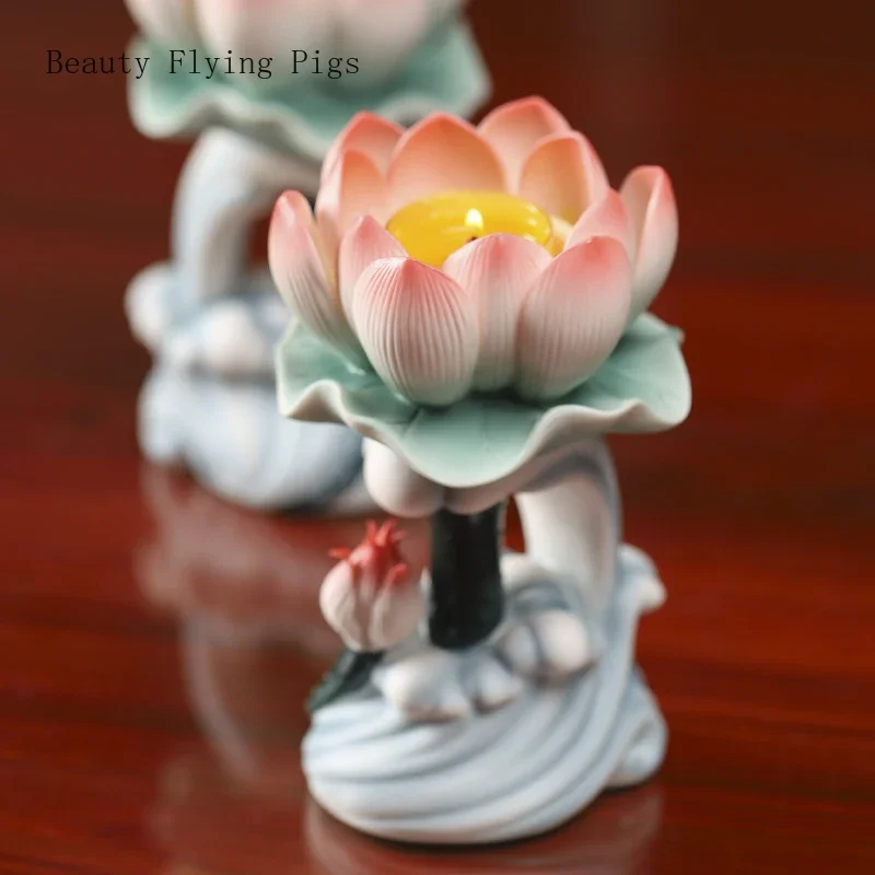 16.5X10X4.5CM Chinese Ceramic Lotus Butter Candle Holder for Home Offering Changming Candlestick Feng Shui Home Accessories