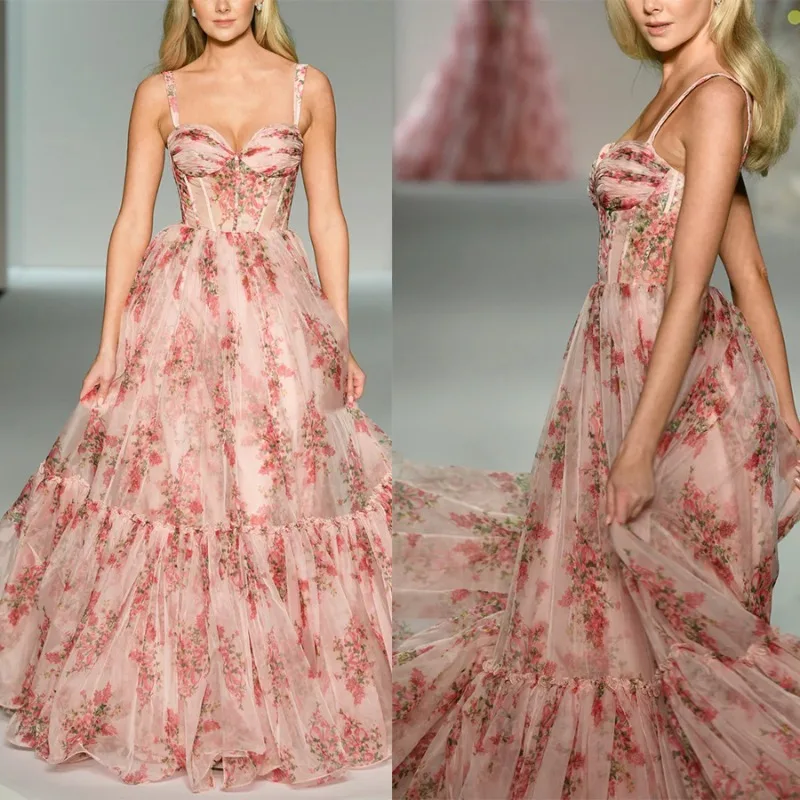 New Glamorous Pink Corset Prom Dresses Floral Printed Sleeveless Evening Gowns Floor Length Customized Formal Party Dresses