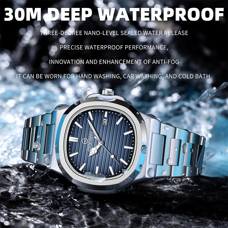PENGAGAR Luxury Military Man Watch Square Waterproof Luminous Date Week Men Watch Stainless Steel Quartz Men's Watches Reloj+box