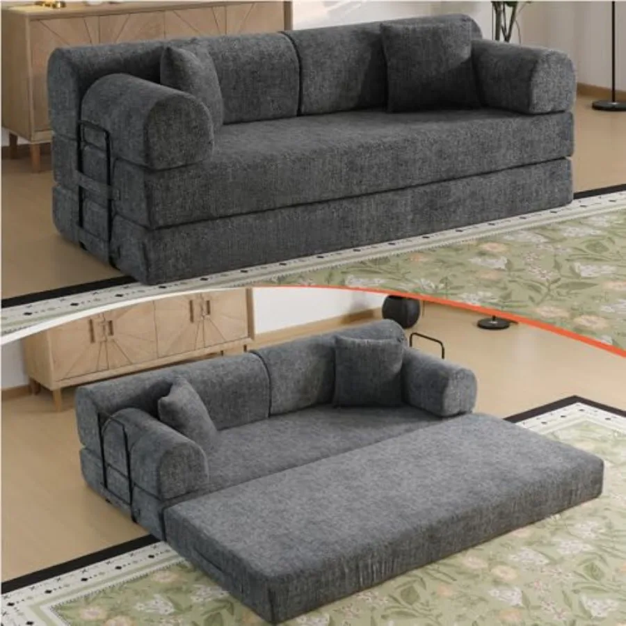 79 Memory Foam Sofa Bed for Living Room, Black Faux Leather, Converts to Flat Bed with Extra Comfort