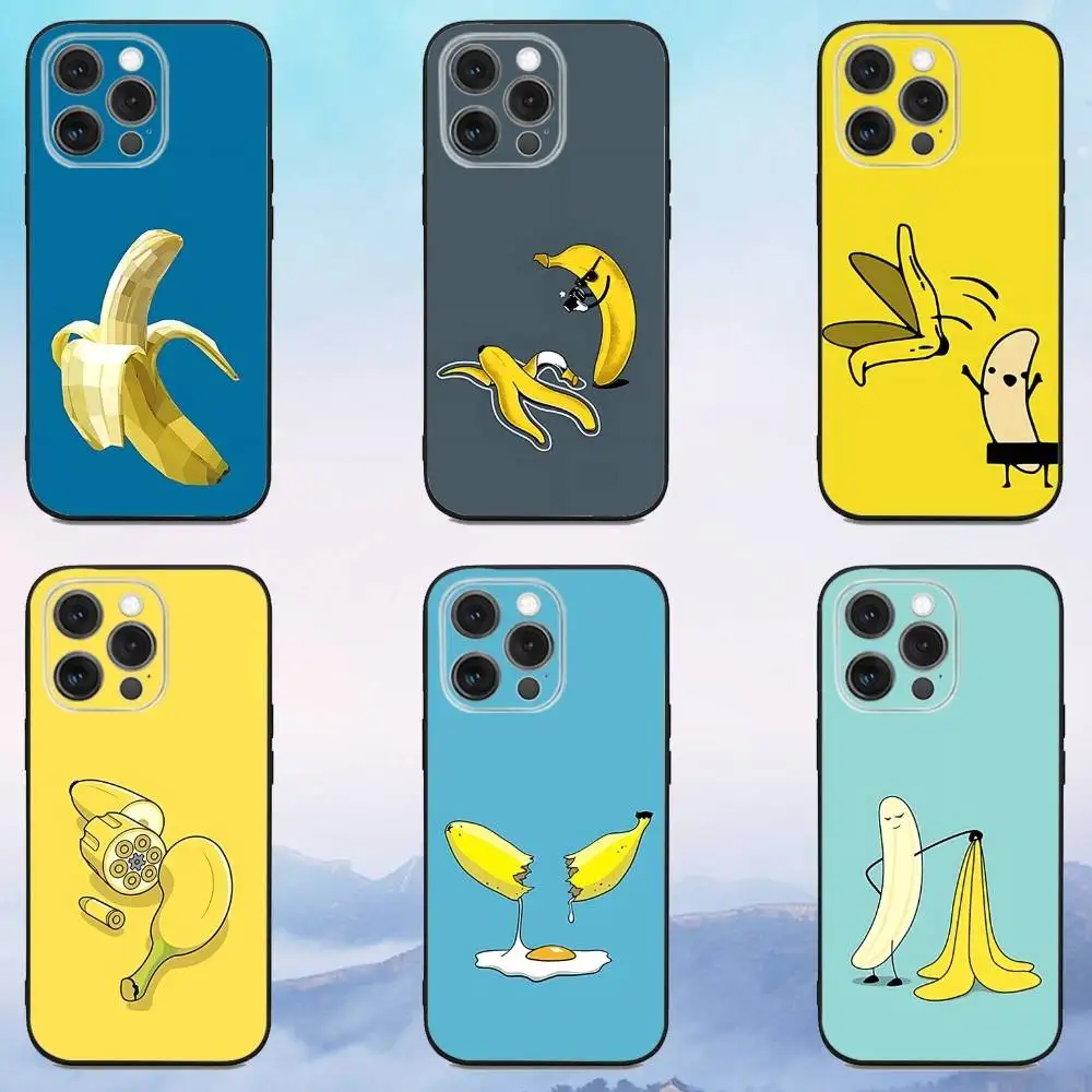 

F-Fruit Fun B-Banana Phone Case For iPhone 17,16,15,14,13,12,Pro,Max,Plus,E,SE4,Air,Mini Black Soft Cover