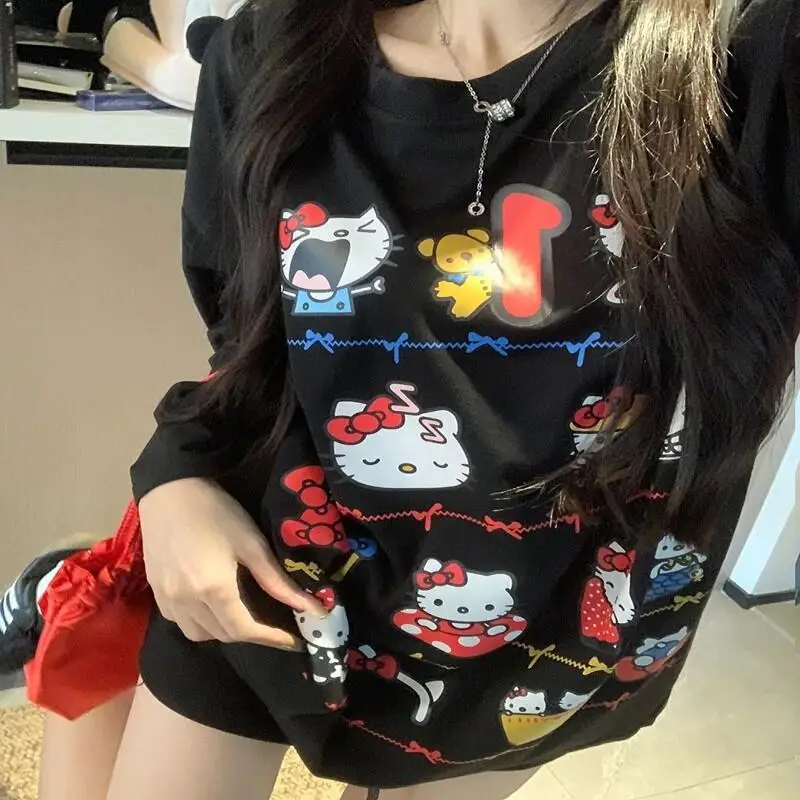

Футболка Y2K Sanrio Hello Kitty для девочек, свободного кроя, с длинными рукавами, весенне-осенняя, базовый слой, с мультяшным принтом, студенческий топ, женский пуловер Kawaii Kit