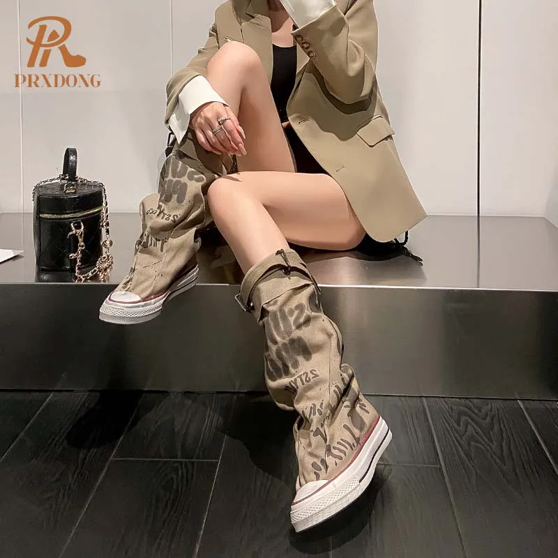 PRXDONG damskie buty 2024 nowa moda jesienna zima buty niskie buty na obcasie Khaki Punk Stykle w stylu Casual, damska do połowy łydki rozmiar butów