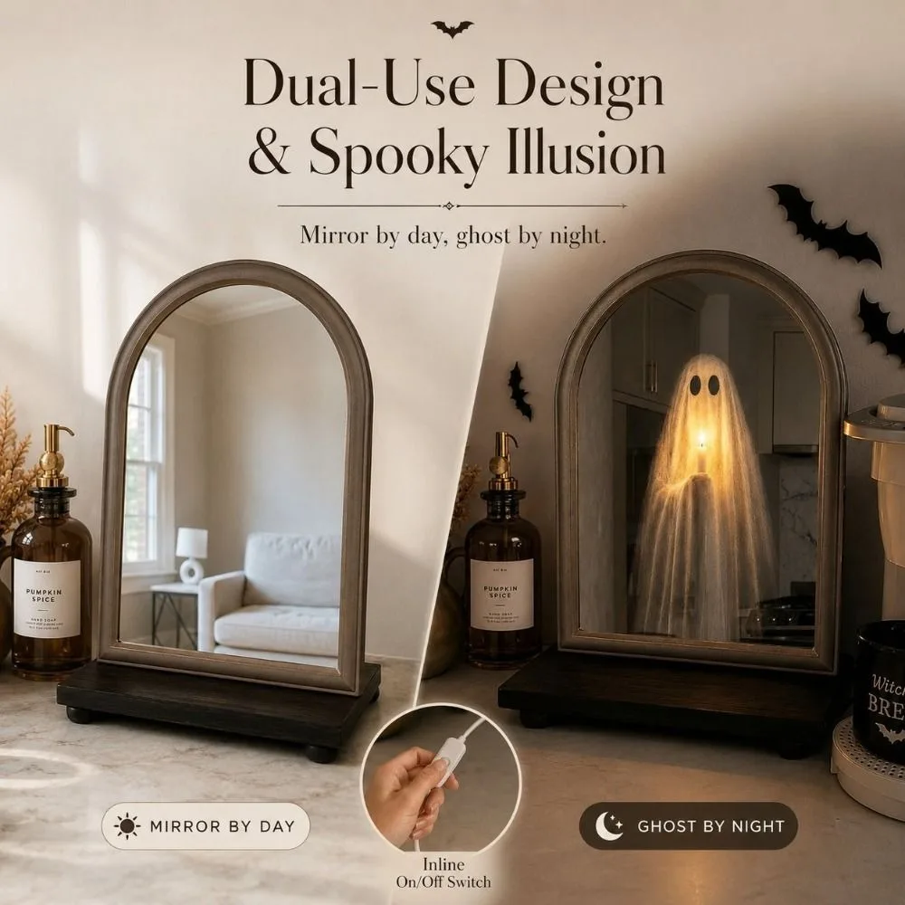 LED Glowing Ghost Mirror Battery Powered Warm LED Lights Halloween Ghost Mirror Illuminated Ghost Shaped Wall Hanging Mirror