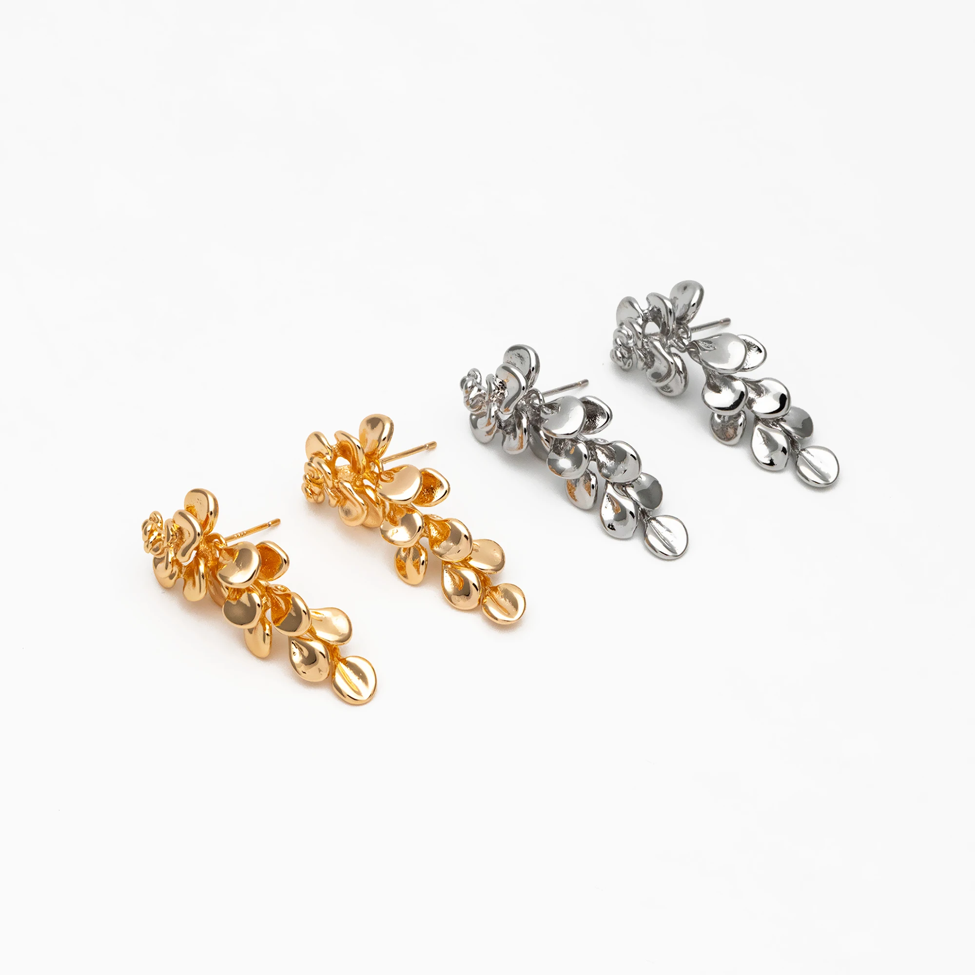 4pcs Gold/ Silver Tone Flower Earrings, 18K Gold/ Rhodium Plated Brass, Dainty Leaf Dangle Earrings (GB-4500)