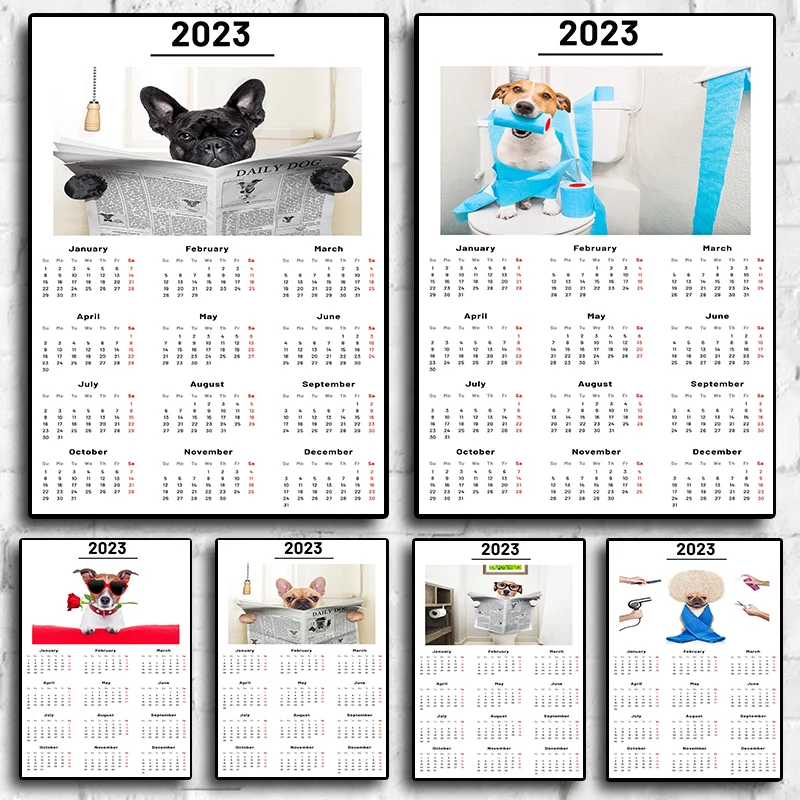 2023 Calendar Dog read newspaper Bathtub Toilet Toilet Wall Art poster Aesthetic animal Home Decoration posters canvas painting