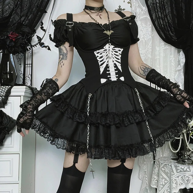 Vestido gótico lolita y2k de verão, feminino, vintage, manga bufante, bandagem, festa, punk, mini vestidos legais, meninas, preto, babados, vestido em camadas
