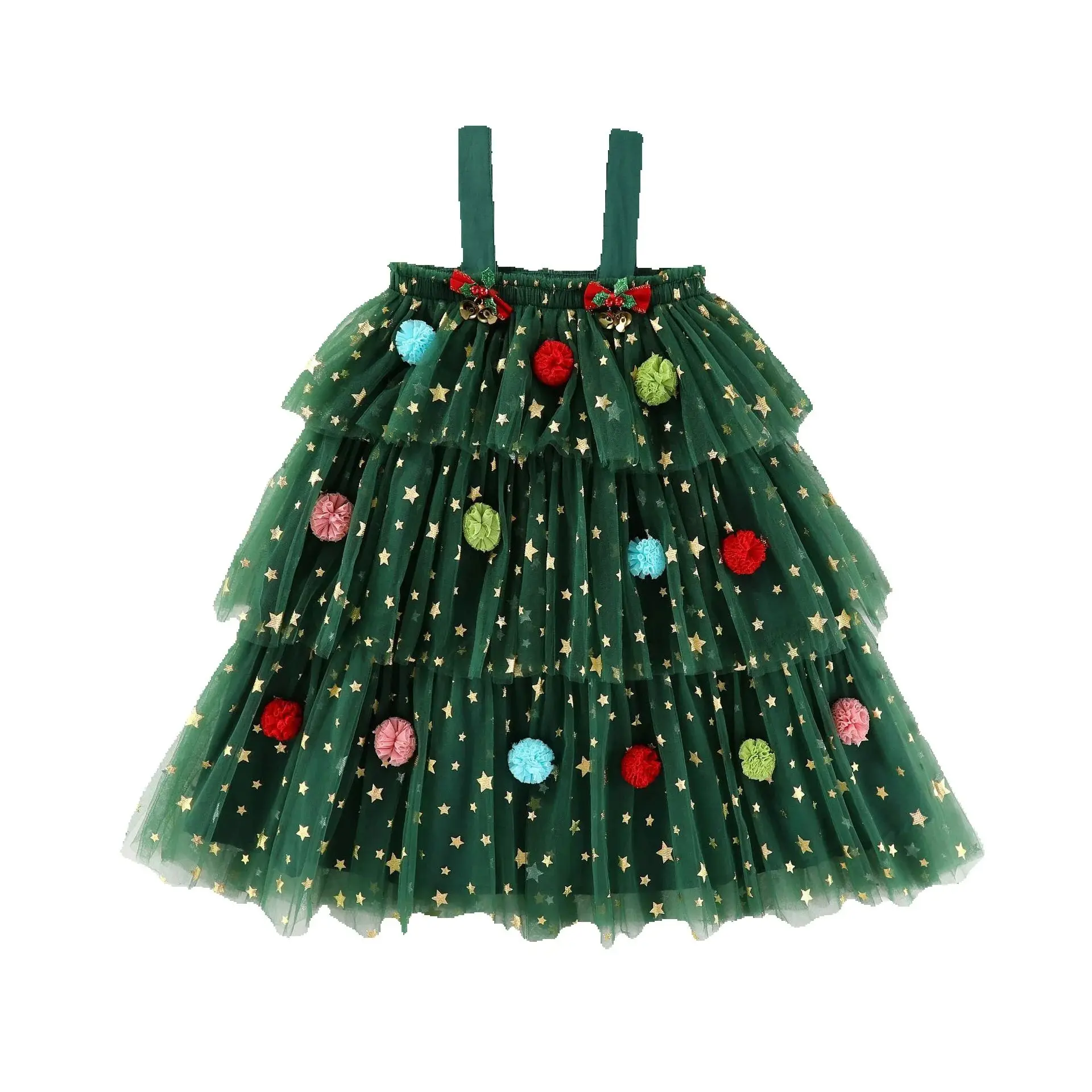 1-9Years Twim Girls New Year Greeting Christmas Dress Sling Star Printed Mesh Vestidos Love Pattern Cute Cake Dress image 2