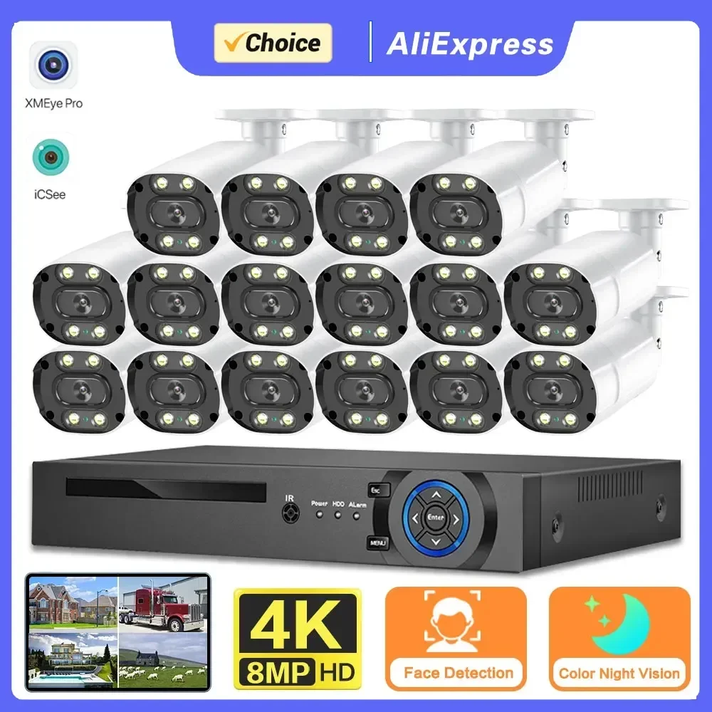 

8MP 16CH AHD DVR IP66 Ourdoor Full Color Night Motion Detection Security Camera System Set 4K CCTV Video Surveillance System Kit