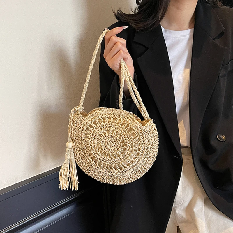 Women Hollow Straw Bag Circle Rattan Bag Round Soft Paper Rope Shoulder Bag Tassel Summer Beach Handmade Crossbody Bags image 4