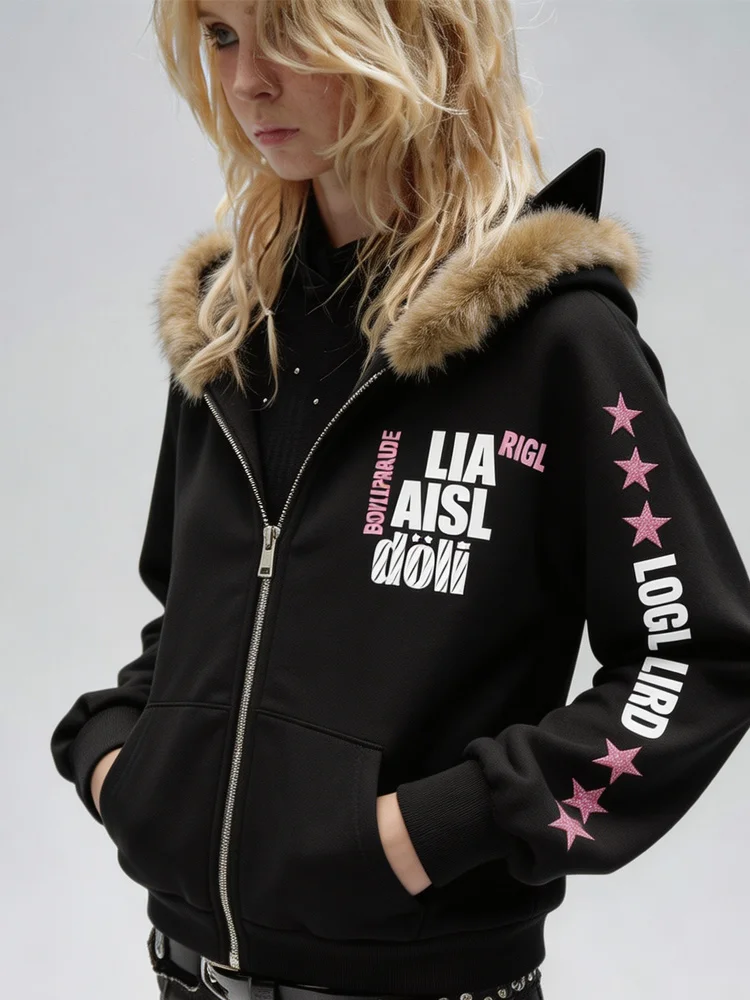 Women Aesthetics Y2K Harajuku Streetwear Faux Fur Trim Cat‑Ear Zip‑Up Letter Print Slim Fit Long Sleeve Hooded Sweatshirt