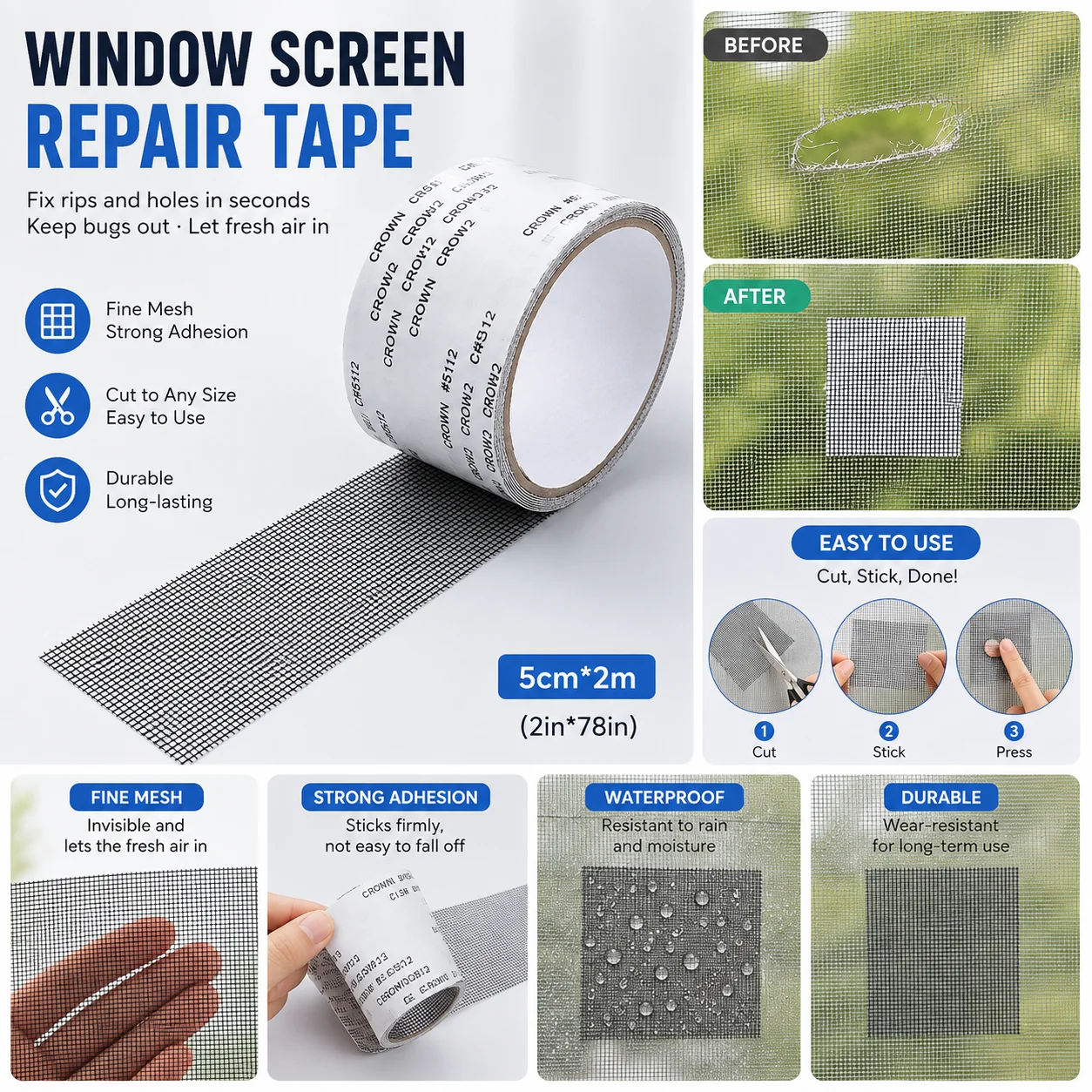 Window Screen Repair Tape 5cm x 2m Self Adhesive Mesh Patch Strong Sticky Fiberglass Screen Repair Kit for Doors Windows Tents