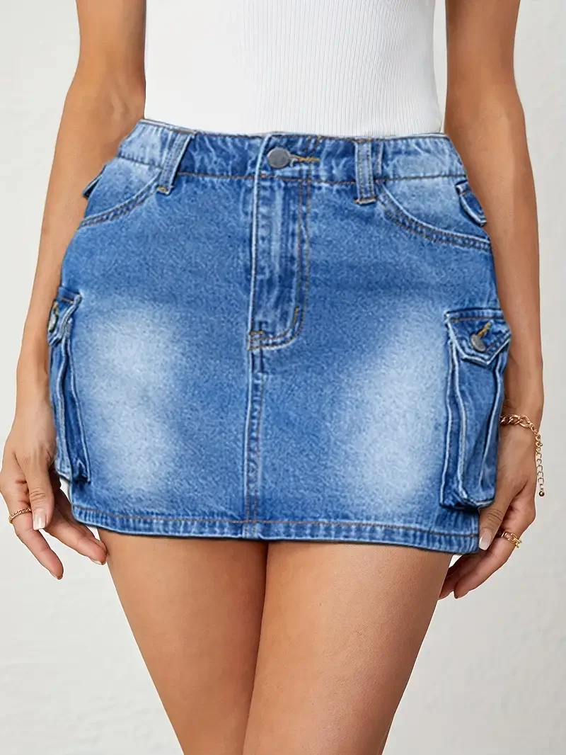 Mulheres sexy perna reta denim saia curta lado grande bolso botão denim minissaia verão