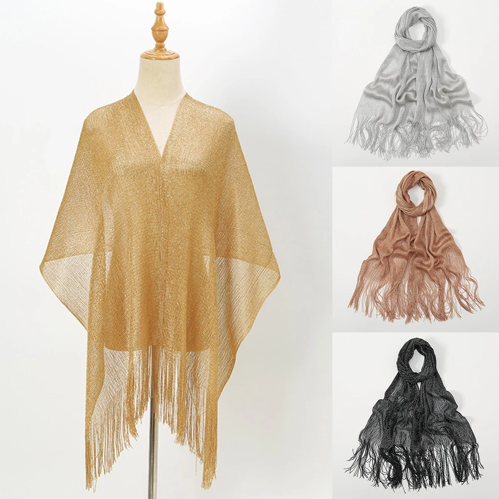 Summer Fashion Thin Shiny Tassel Shawl Sunscreen Long Scarves Hollow Mesh Fringed Wraps Shawl Gold Silver Bright Silk Scarf Soft