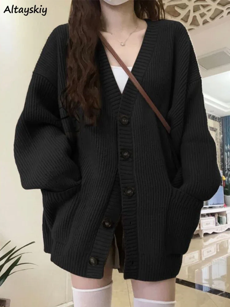 Loose Cardigan Women Long Sleeve V-neck Knitted Black Slouchy All-match Female Autumn Winter Coats Korean Style Chic Baggy Tops