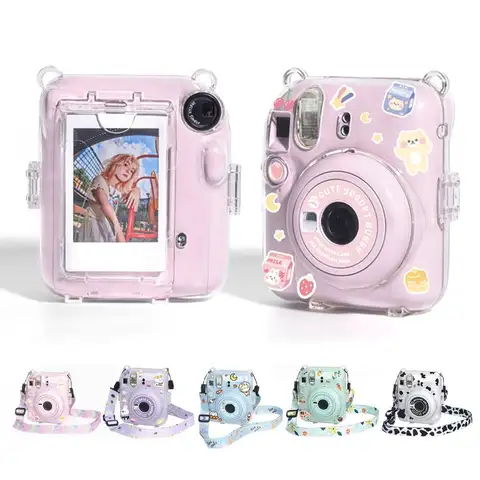 Fujifilm Instax Mini 12 için şeffaf kamera kılıfı koruyucu taşıma çanta kılıfı omuz askısı ile saklama çantası sevimli Sticker ile