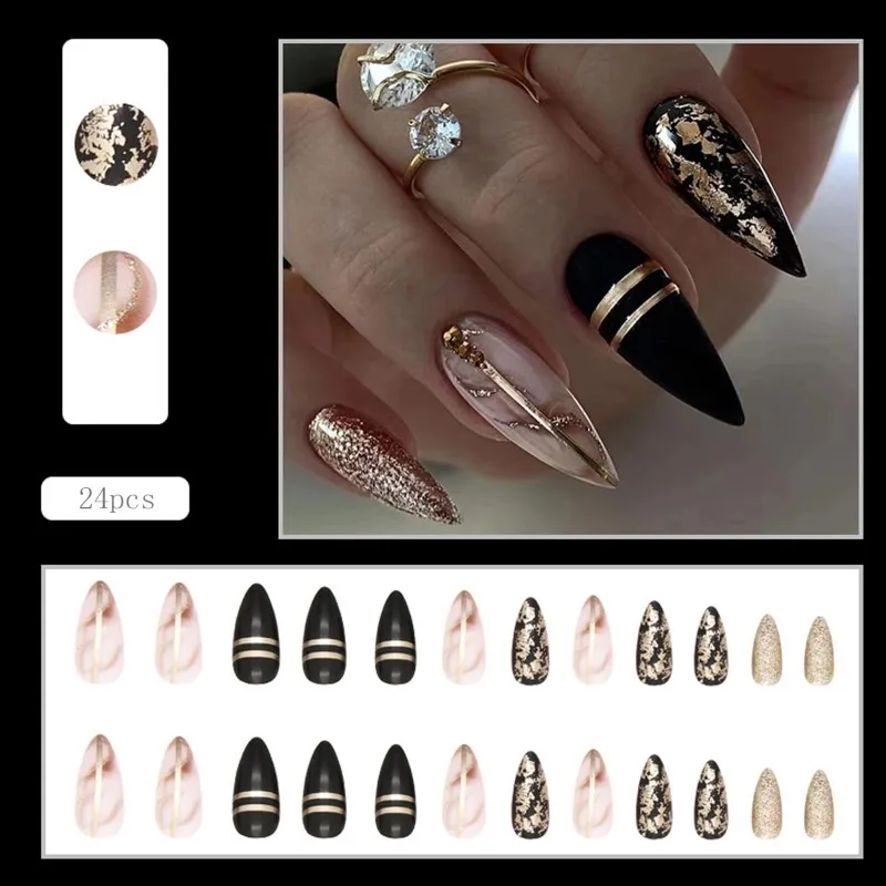 24 Pcs Black Almond Press on  Medium Length Gold Foil Fake Nails with Glitter Line Designs Glossy Coffin Fake Nails  for Women