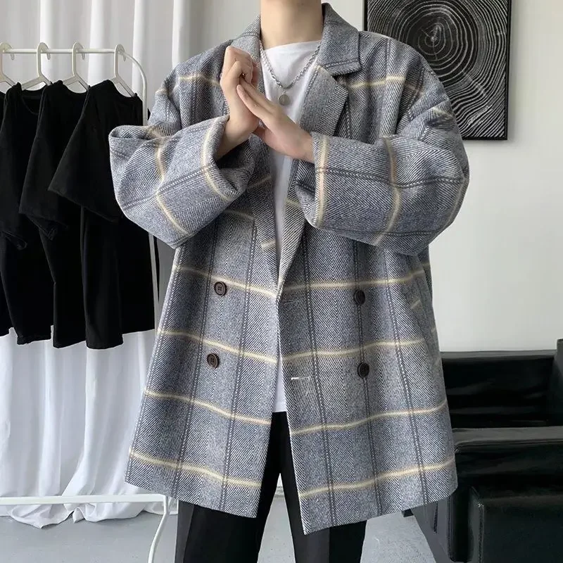 Autumn Winter Checkered Tweed Coat Double Breasted Retro Oversize Warmth
