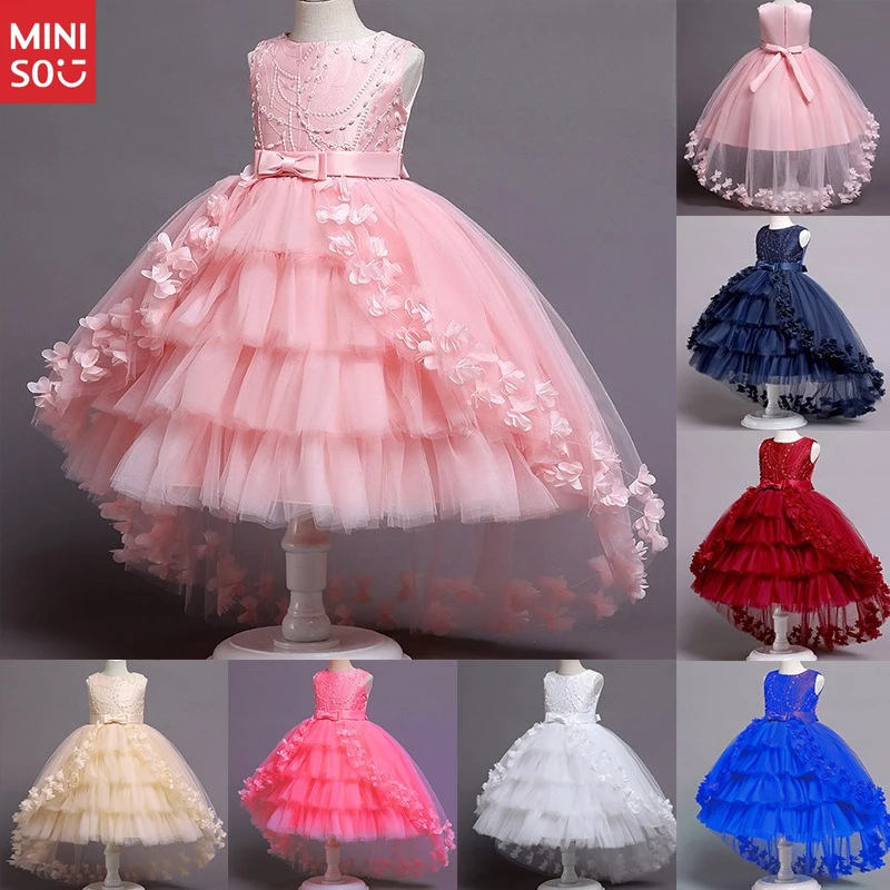 

Girls Princess Gown with Lace Trim & Cathedral Train, Flower Girl Dress with Puffy Skirt for Special Occasions