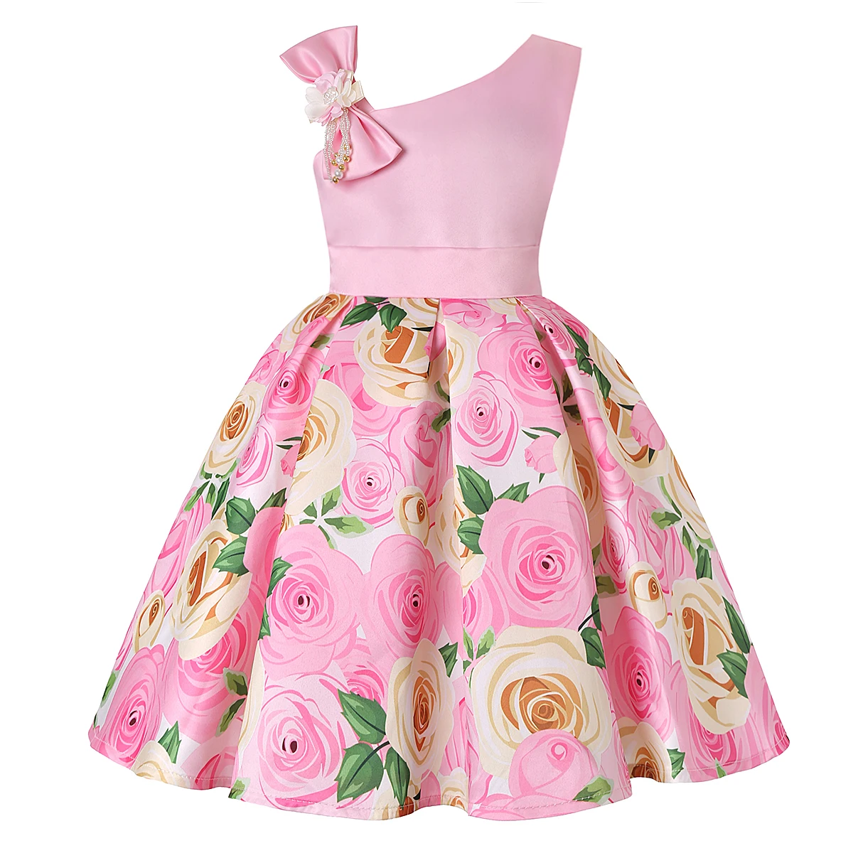 New diagonal shoulder children\'s dress rose print dress dress Girl party dress festival performance dress ins
