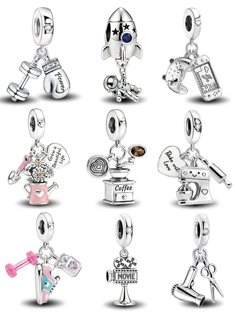 925 Sterling Silver Astronaut Hairdressing Watering Tool Rocket Charm Pendant for Bracelets DIY Women's High Quality Jewelry