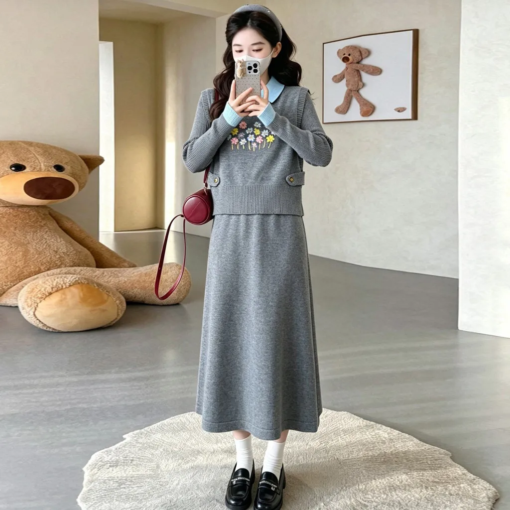 Maternity Suit Autumn Lapel Collar Long Sleeve Dress and Knit Flower Vest 2 Piece Set 2026