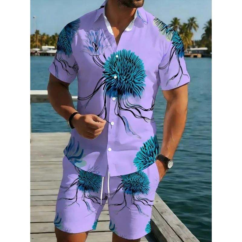 Men's Hawaiian Shirt Shorts Set Purple Base Blue Floral Print Lightweight Polyester Breathable Durable Beach Vacation Casual