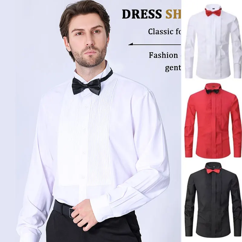 American new men\'s tuxedo long sleeve shirt spring and summer dress French bow tie solid color no-iron groomsmen high quality