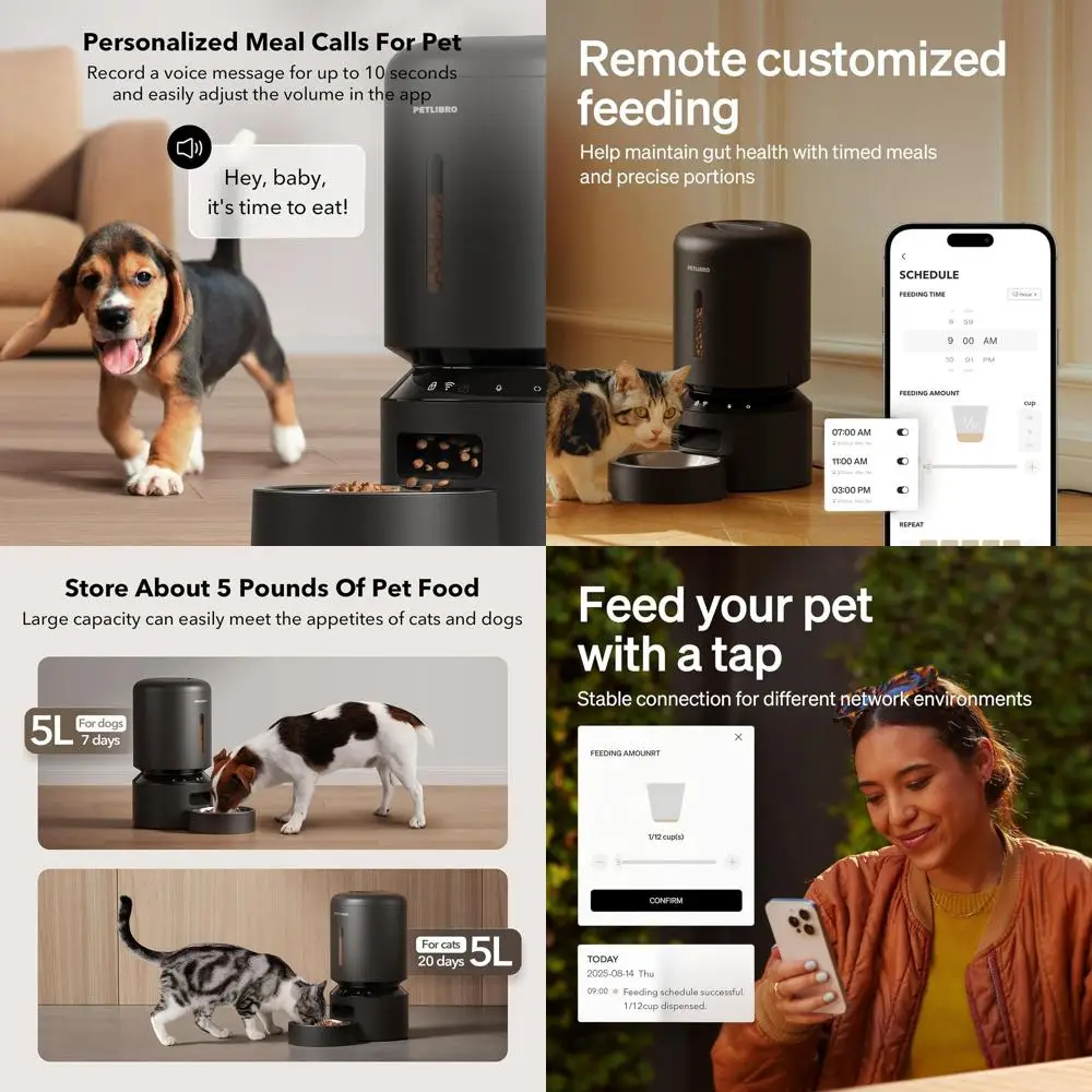 

Умная кормушка для животных 5L с подключением 5G, функцией сохранения свежести корма, датчиком низкого уровня корма и 10 вариантами порций в день, цвет: черный гранарий