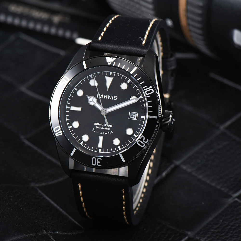 Parnis 41 mm orologio automatico da uomo in cristallo di zaffiro quadrante verde indicatore luminoso impermeabile 10 ATM