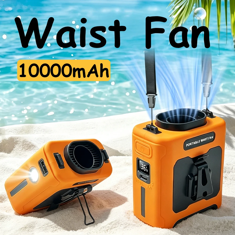 10000mAh Wiederaufladbarer Gürtelclip-Ventilator, 5-Gang Tragbarer Kühlventilator mit LED SOS-Warnlicht für Baustelle und Camping