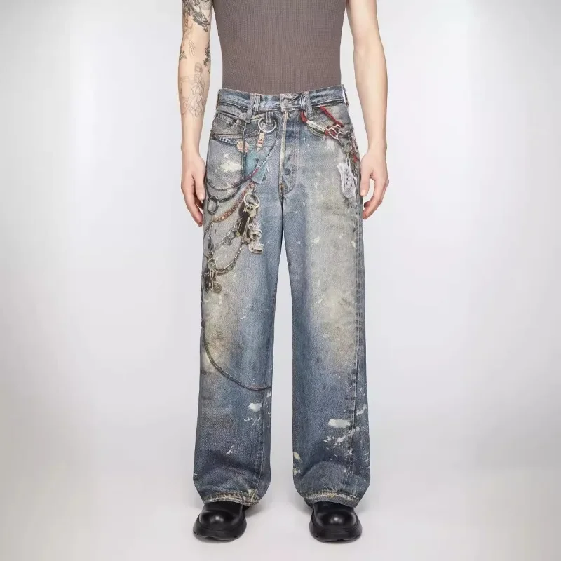 European and American High Street Washed Loose Wide Leg Profile 3D Digital Printed Jeans Jeans