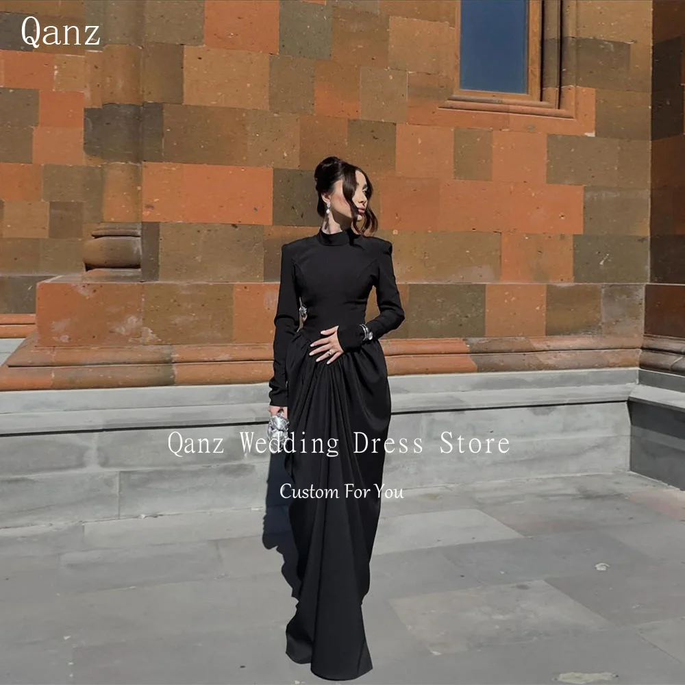 

Qanz Modern Black Prom Dress Vintage Satin High Neck Long Sleeves Formal Evening Gowns Backless Robes De Soirée Customized