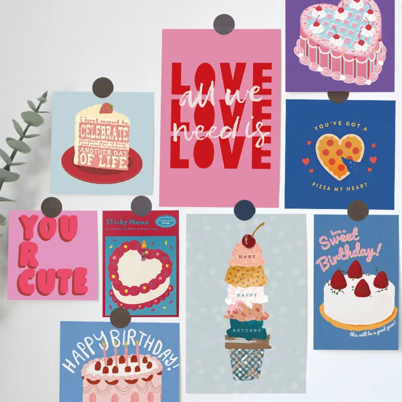 Ins Pink Love Strawberry Cake postcards cute Photo Props Background Wall Decorative Card Greeting Cards Message Cards 15 Sheets