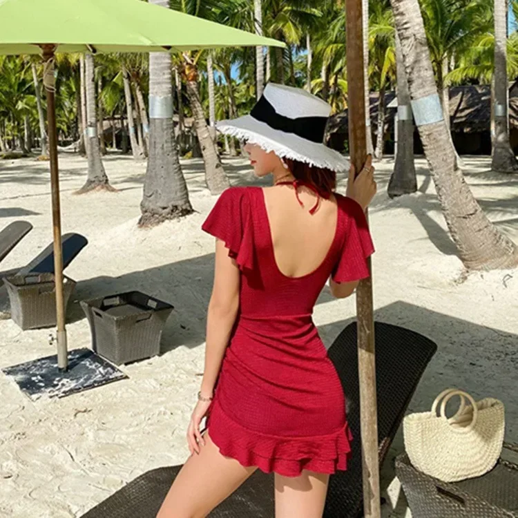 Swimsuit Women Summer V Neck One-piece Swimwear Female Skirt Bathing Suit Push Up Slimming Korean Swimdress