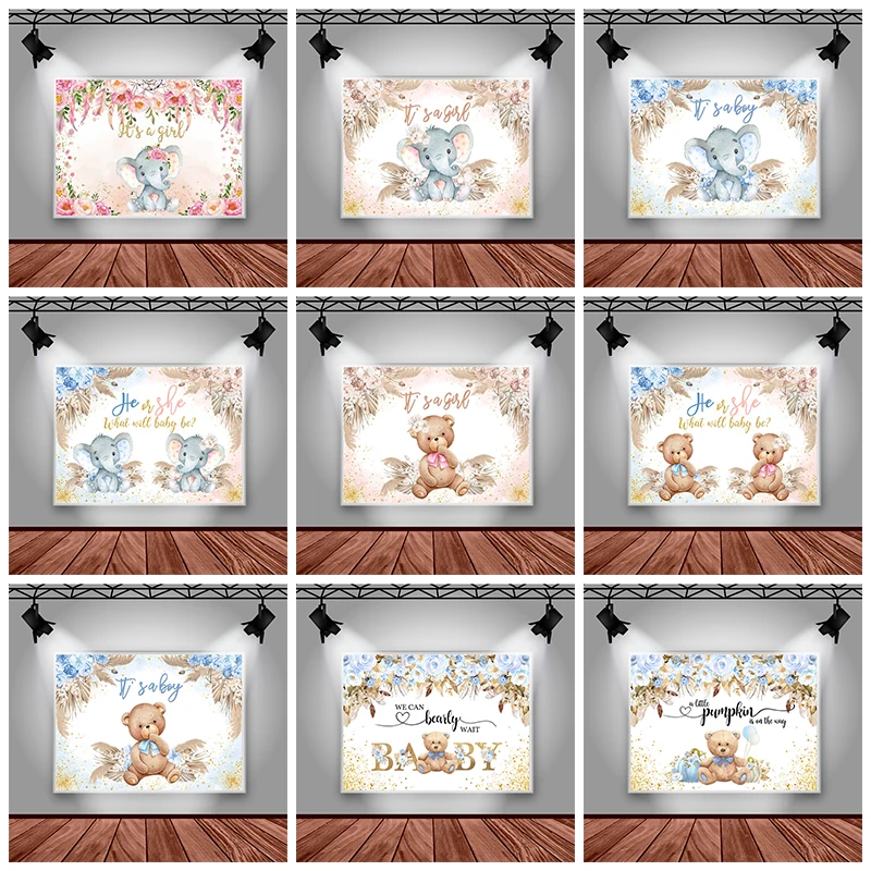 Mocsicka Baby Shower Background Photography Gender Reveal Newborn Elephant Bear Floral Decoration Photo Studio birthday Backdrop