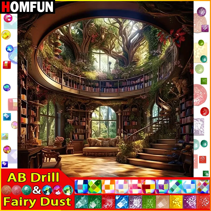 

HOMFUN Фея Пыль AB Алмазная картина "Пейзажное дерево Книжная полка" 5D DIY Алмазная вышивка Полный квадратный/круглый горный хрусталь изображения
